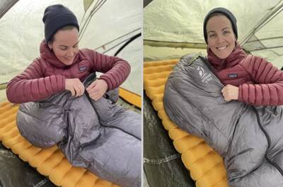 outdoor vitals sleeping bag in a tent